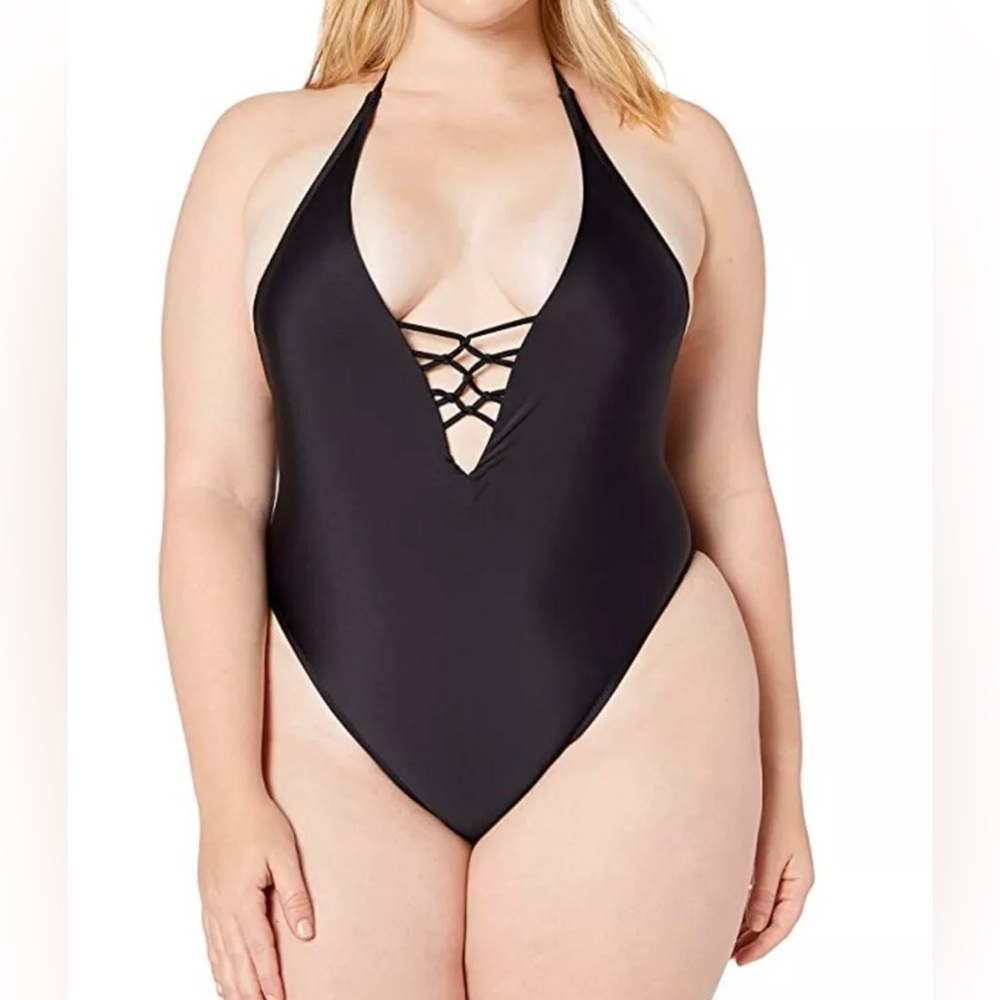 Volcom, Women’s Simply Solid, Black Plunge Neck One Piece Swimsuit, Size 16